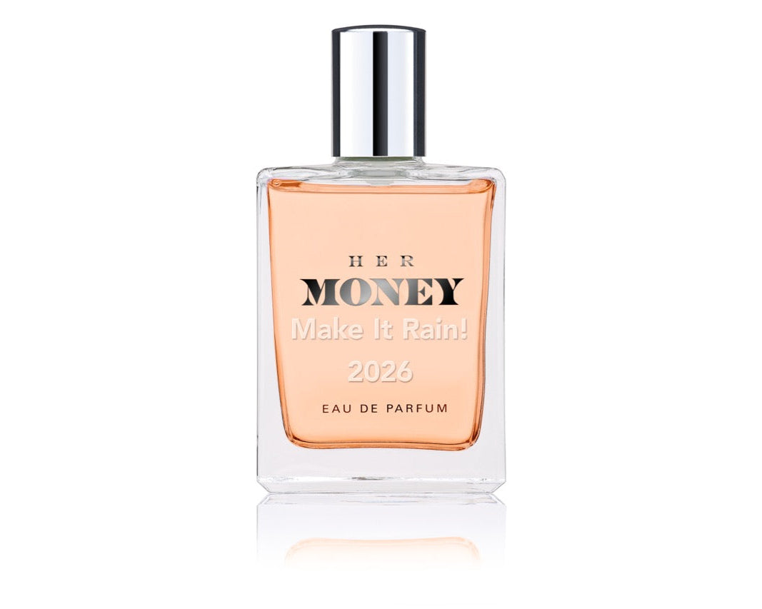 Perfume bottle labeled 'HER MONEY Make It Rain 2023' on a white background