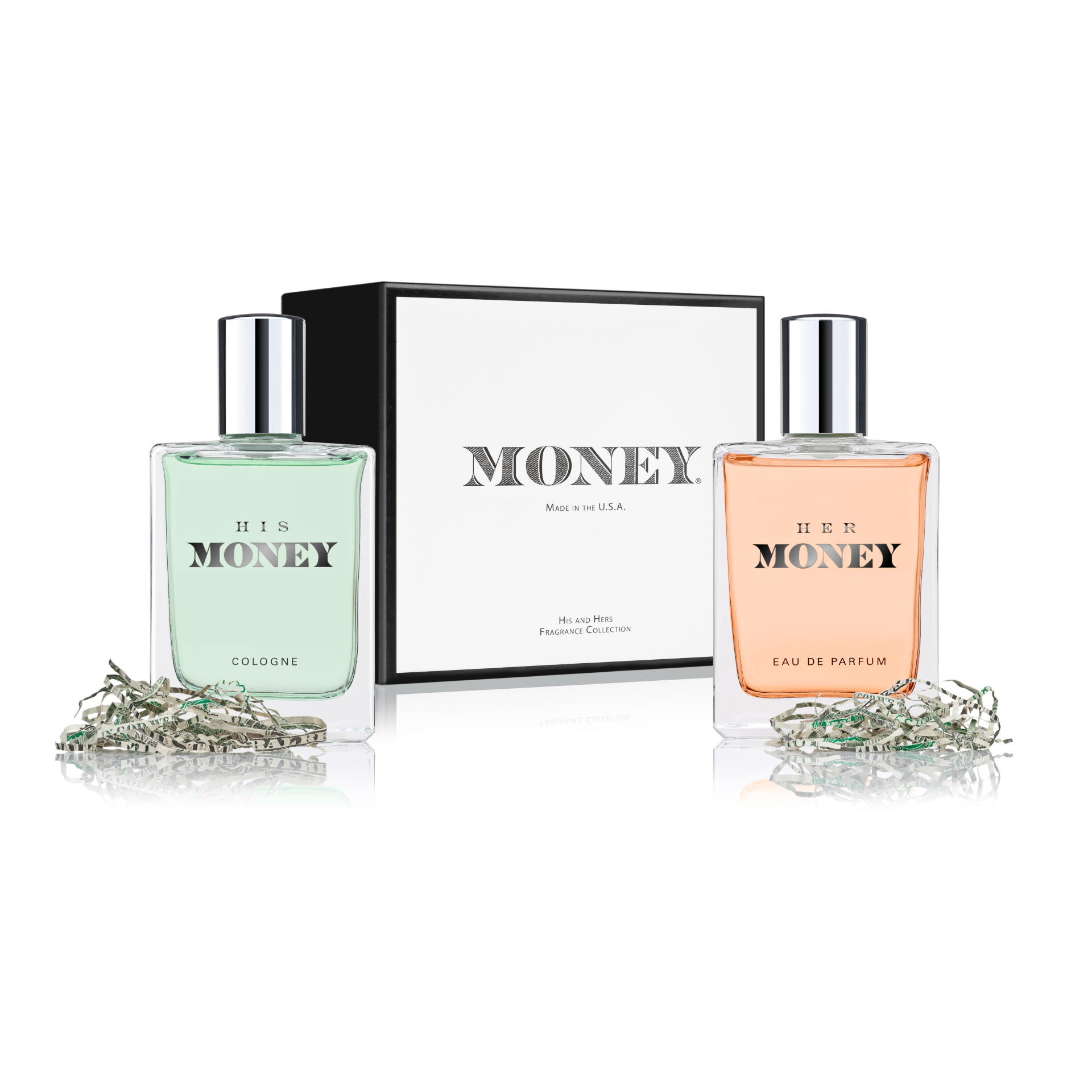 Liquid Money Collection with His Money Cologne and Her Money Eau de Parfum accompanied with box and shredded money.