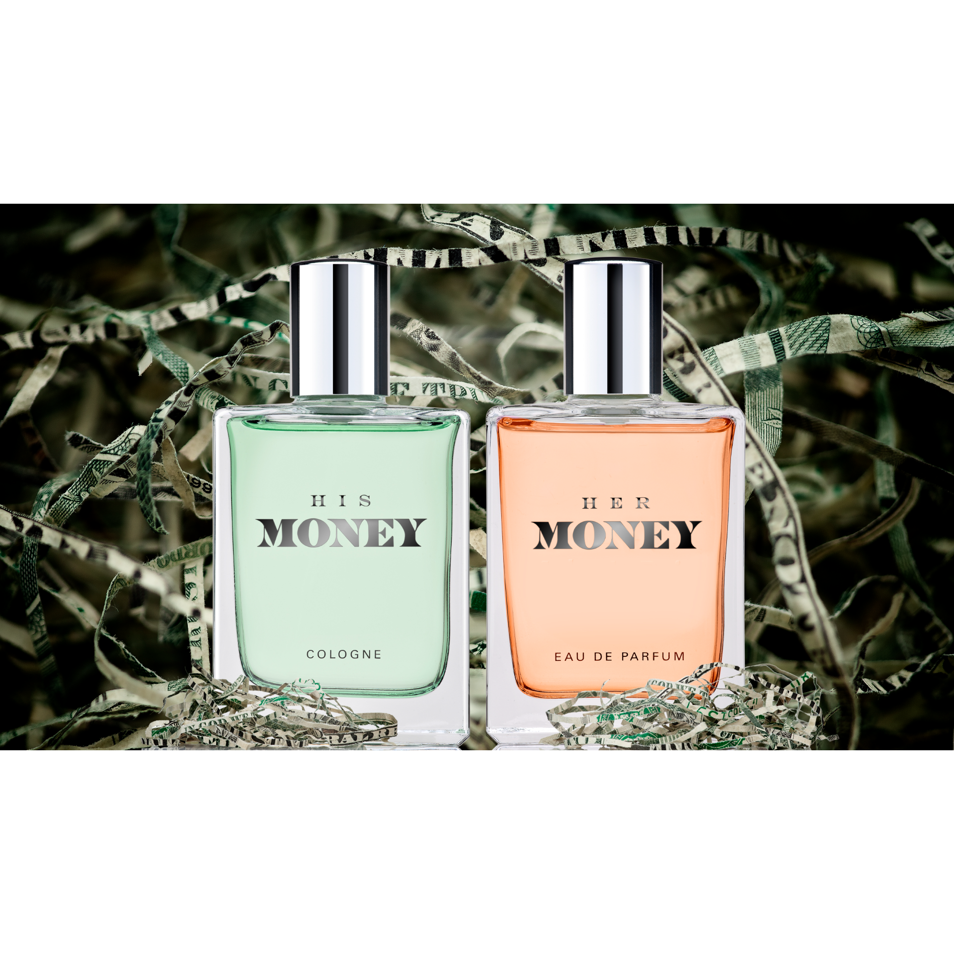 Liquid Money collection of His Money cologne spray and Her Money Eau de Parfum. Background is shredded money.