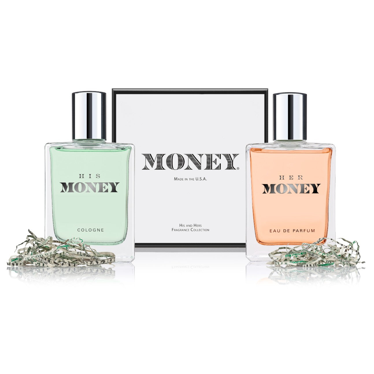 Liquid Money collection of His Money cologne spray and Her Money Eau de Parfum. Foreground is shredded money. Background is box for the product.